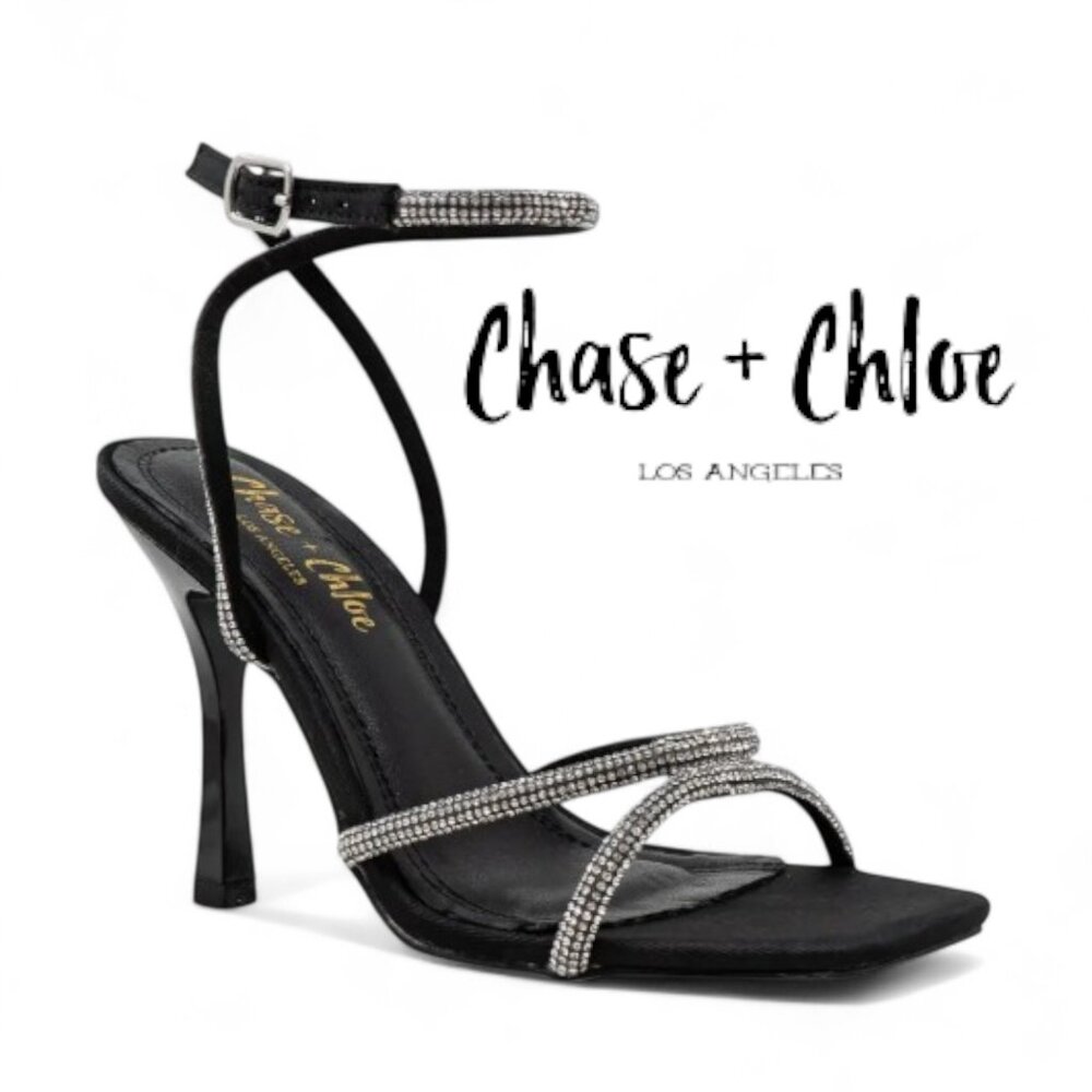 Chase and Chloe Women’s 7M Black Rhinestone Ankle Strap Heels Divine 42 Sandals